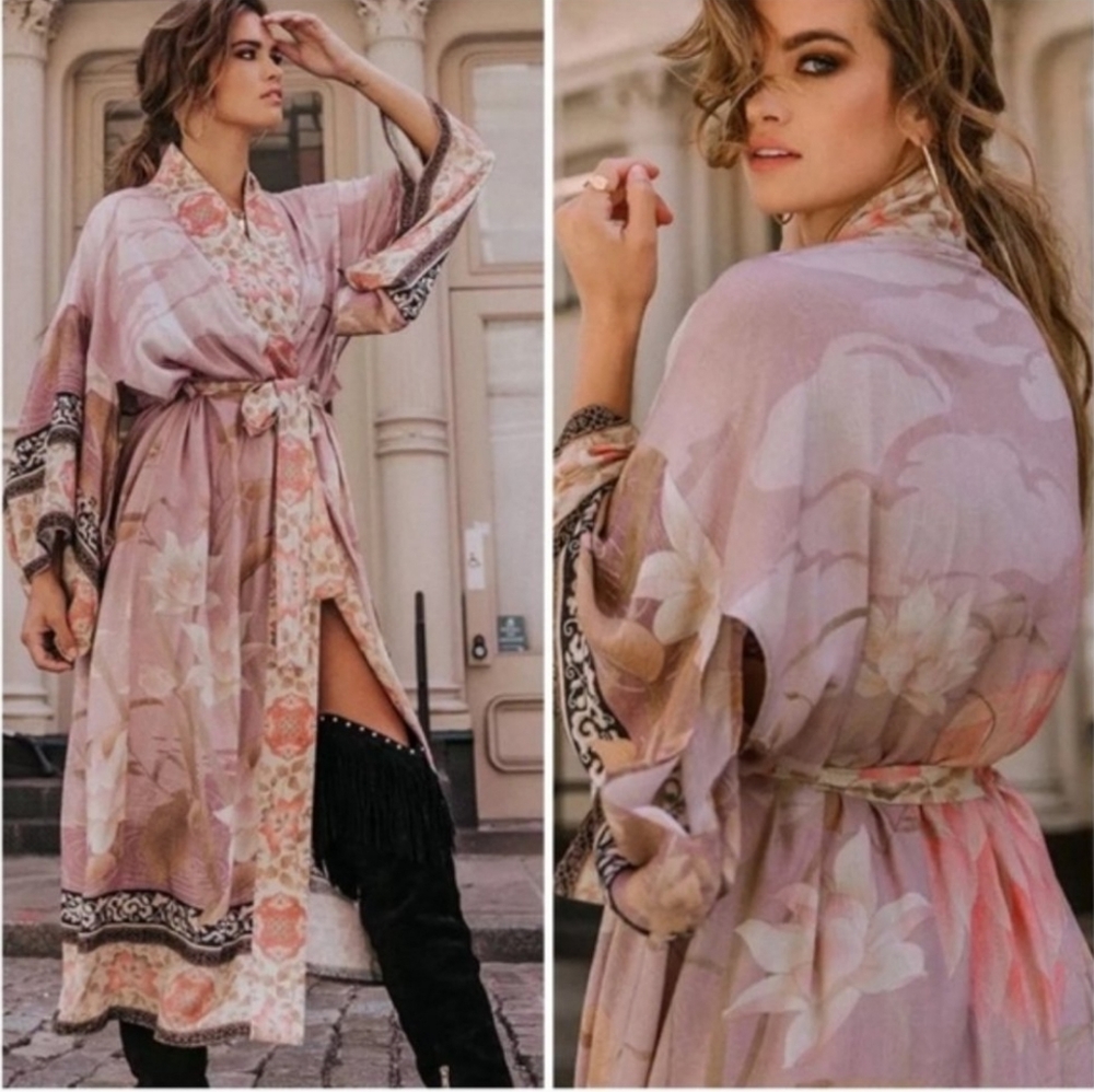 NEW Bohemian Vintage Floral Kimono Maxi Duster Dusty Pink Black